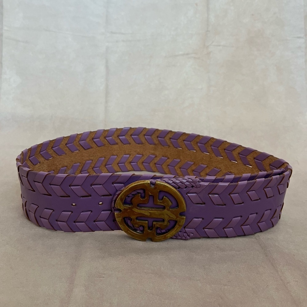 Purple Leather Woven Belt with Metal Buckle